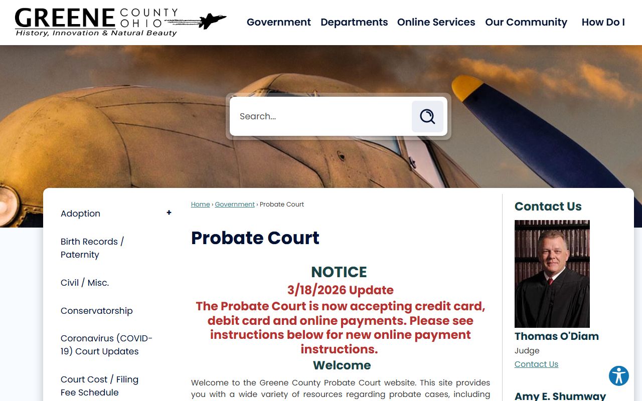 Greene County Probate Court website for Beavercreek probate court records