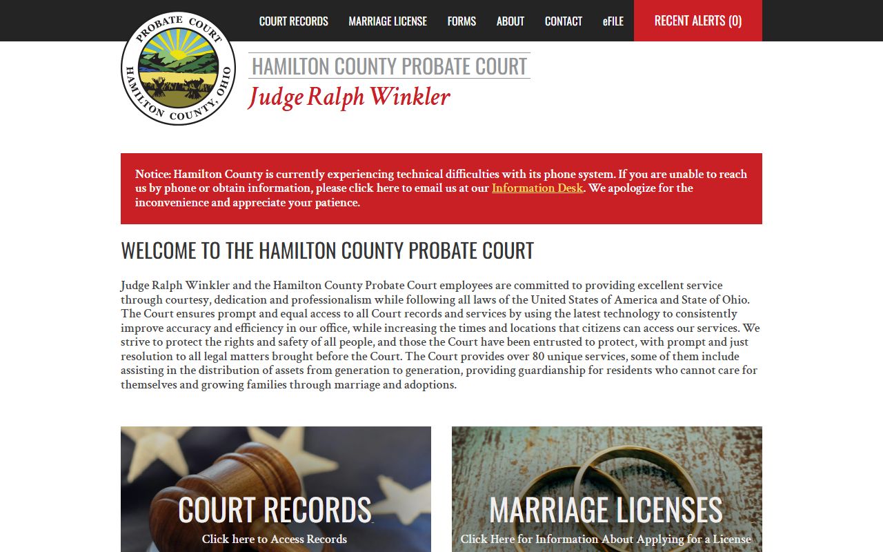 Cincinnati Hamilton County Probate Court official website with case search and archive tools