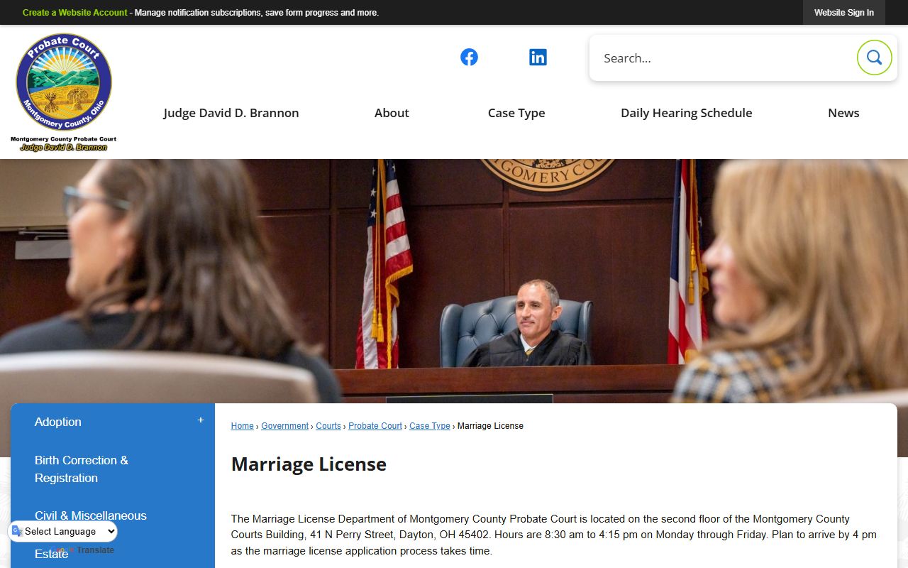 Dayton Montgomery County marriage license information page for probate court records