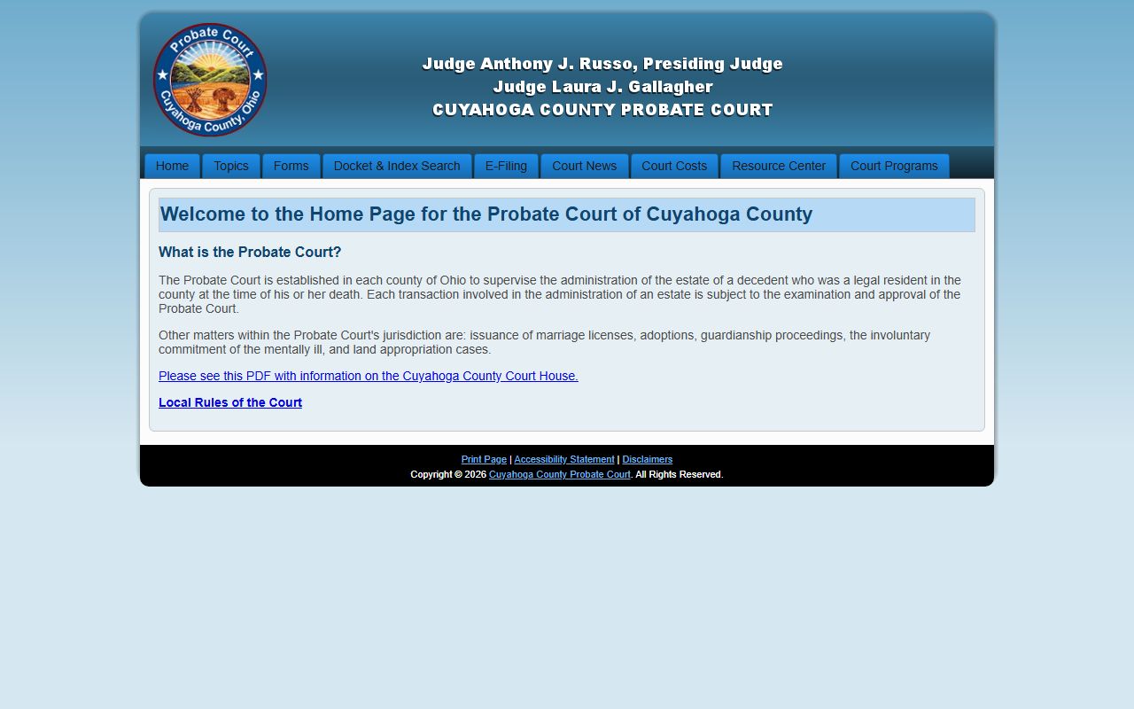 Cuyahoga County Probate Court website for Lakewood probate court records