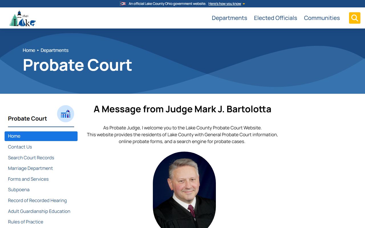 Lake County Probate Court website for Mentor probate court records