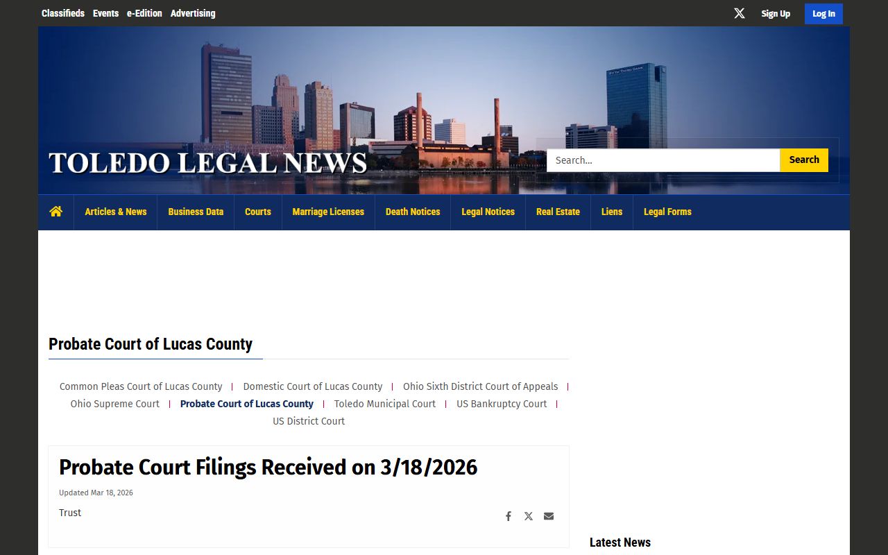Toledo Legal News probate court filings page showing recent case activity