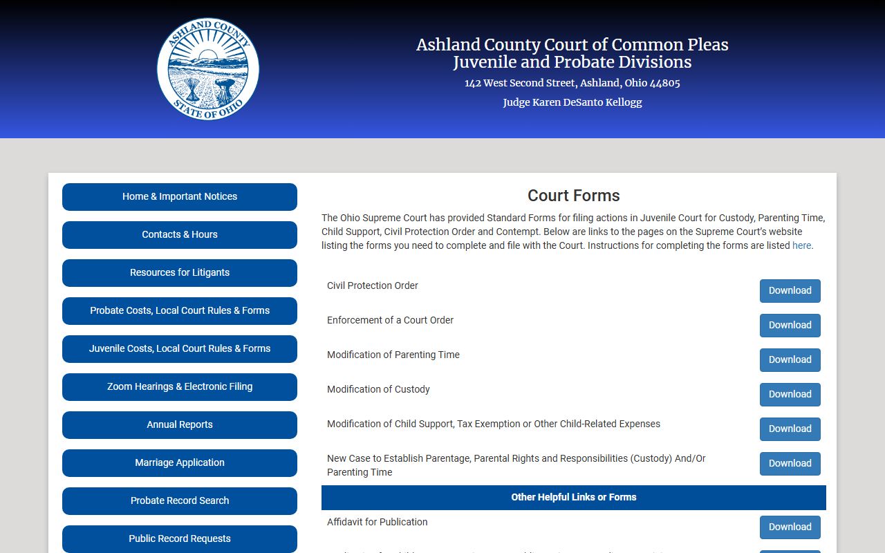 Ashland County probate court records forms page