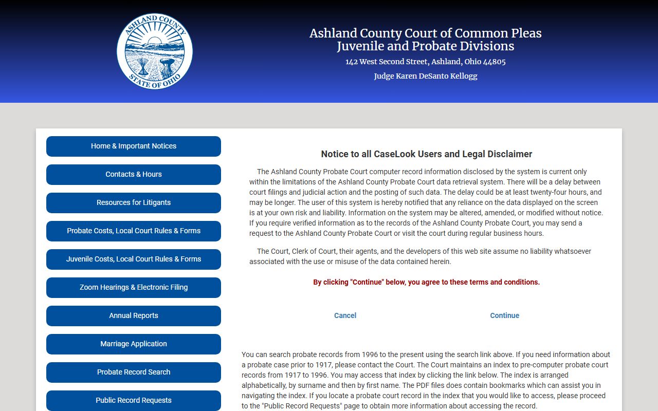 Ashland County probate court records CaseLook search system