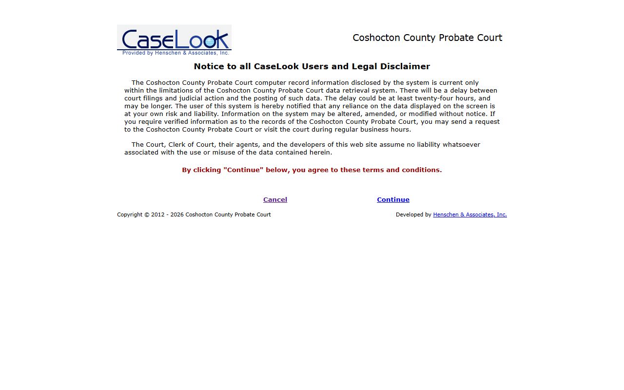 Coshocton County Probate Court website for probate court records