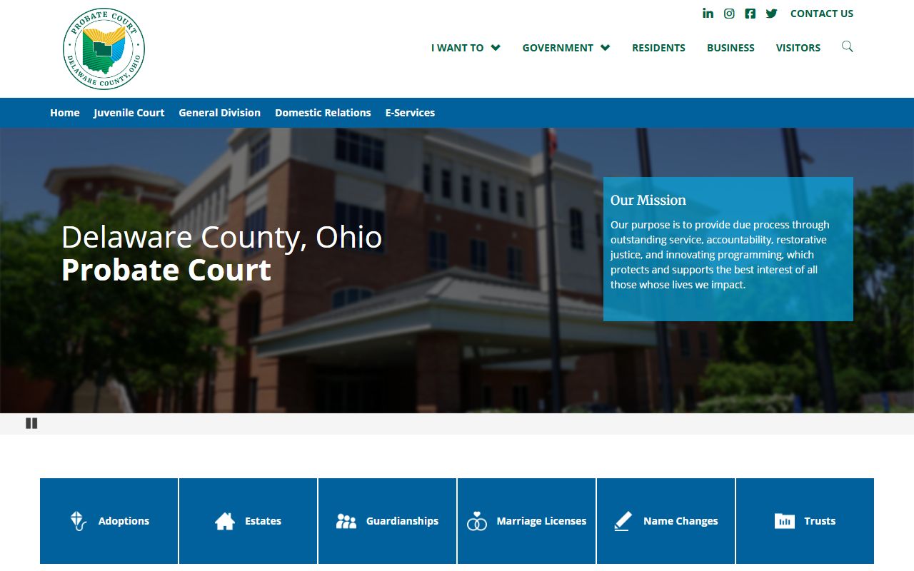 Delaware County Probate Court official website showing services and contact information