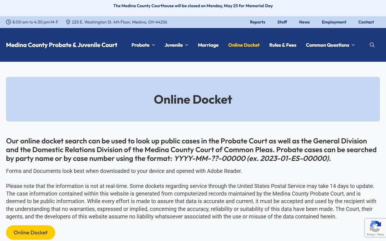 Medina County online docket search for probate court records