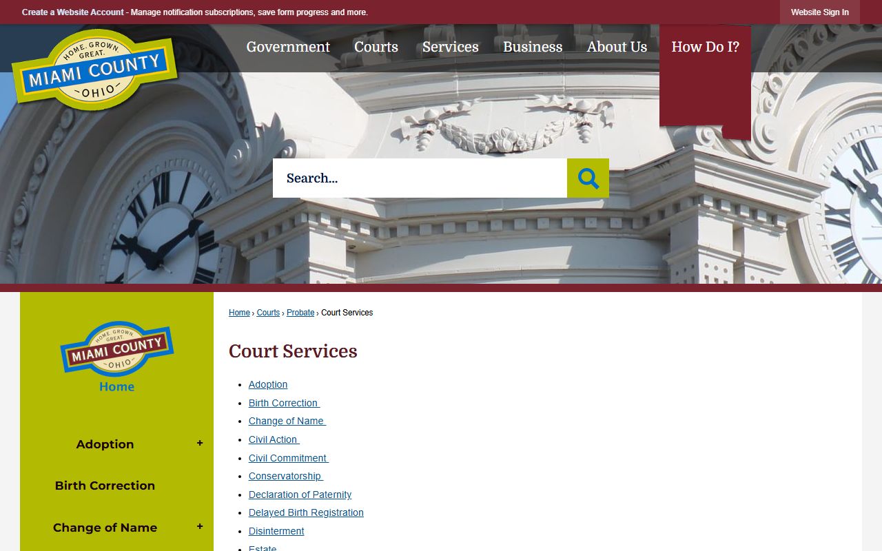 Miami County Court Services page for probate court records access