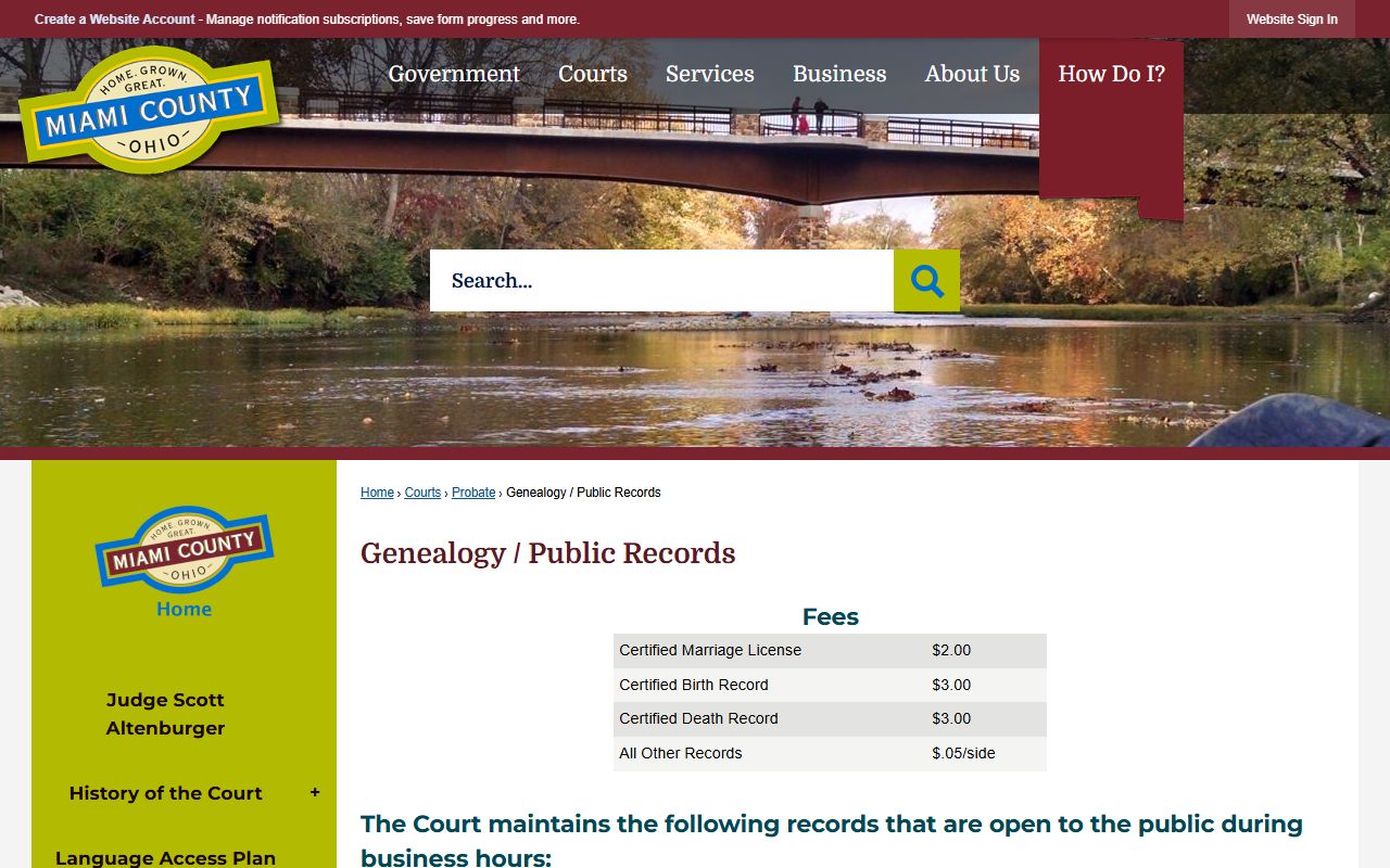 Miami County Genealogy Public Records page for probate court records research