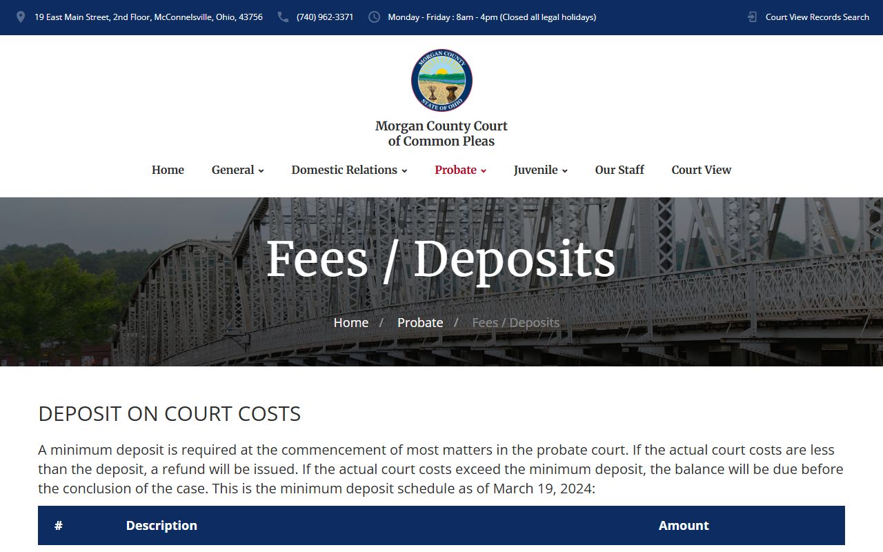 Morgan County probate fees and deposits for probate court records