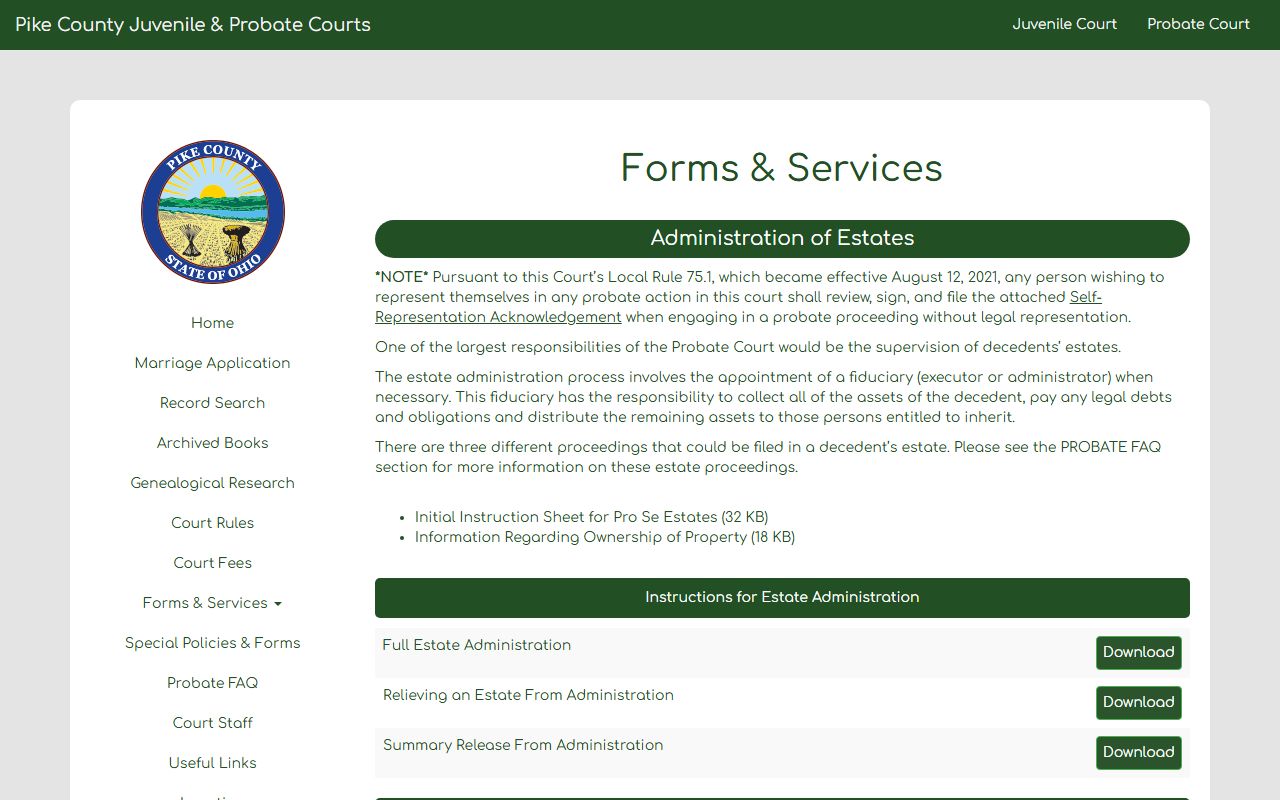 Pike County estate forms for probate court records filings