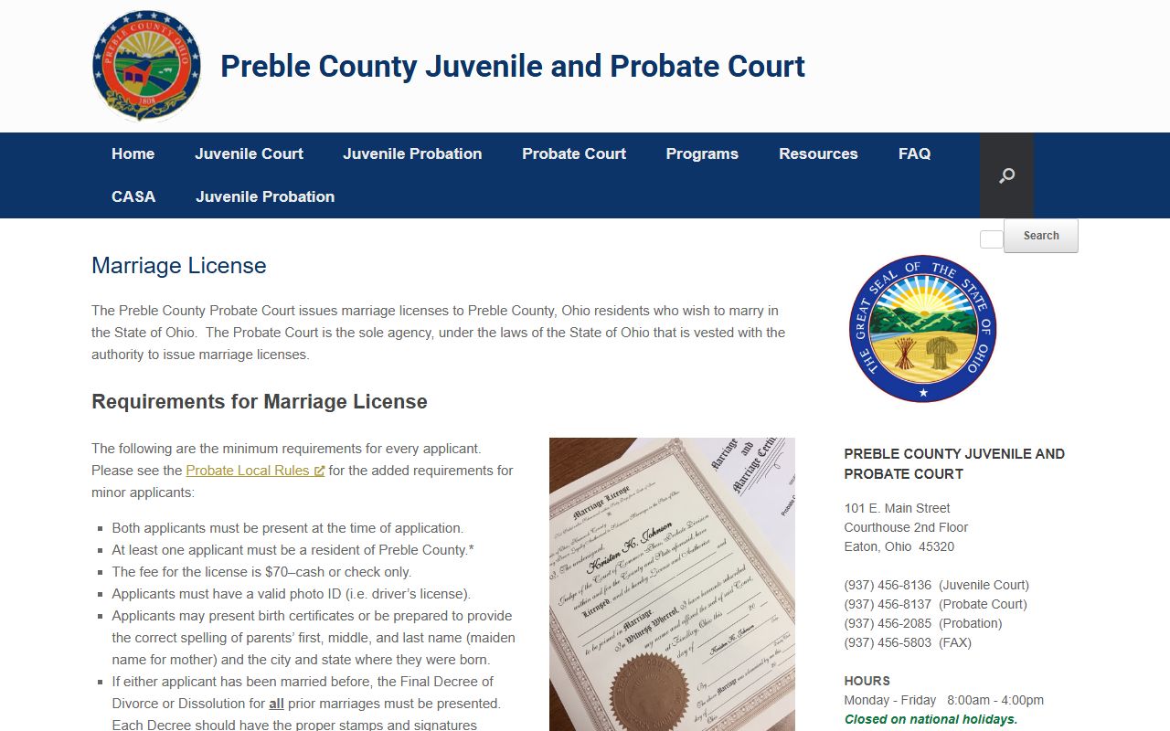 Preble County marriage license probate court records