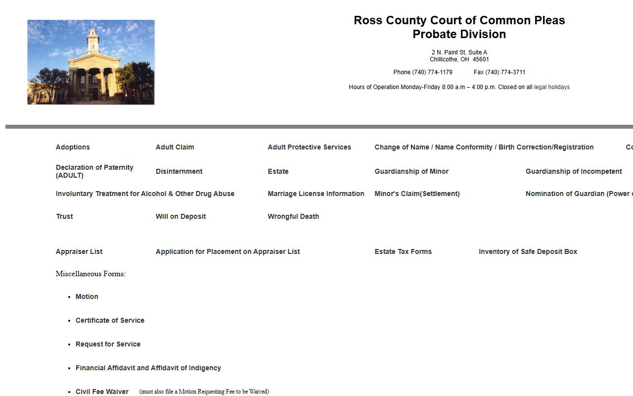 Ross County Probate Division page for court records