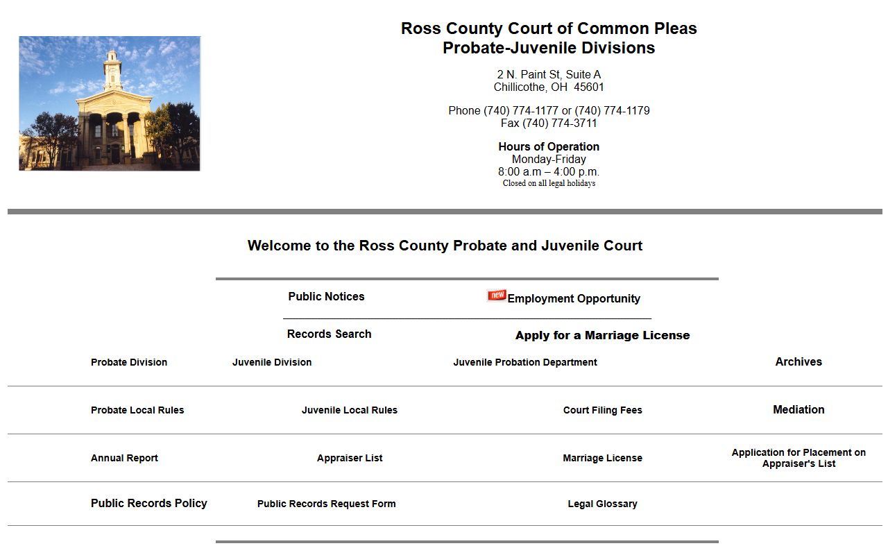 Ross County Probate Juvenile Court website for probate records