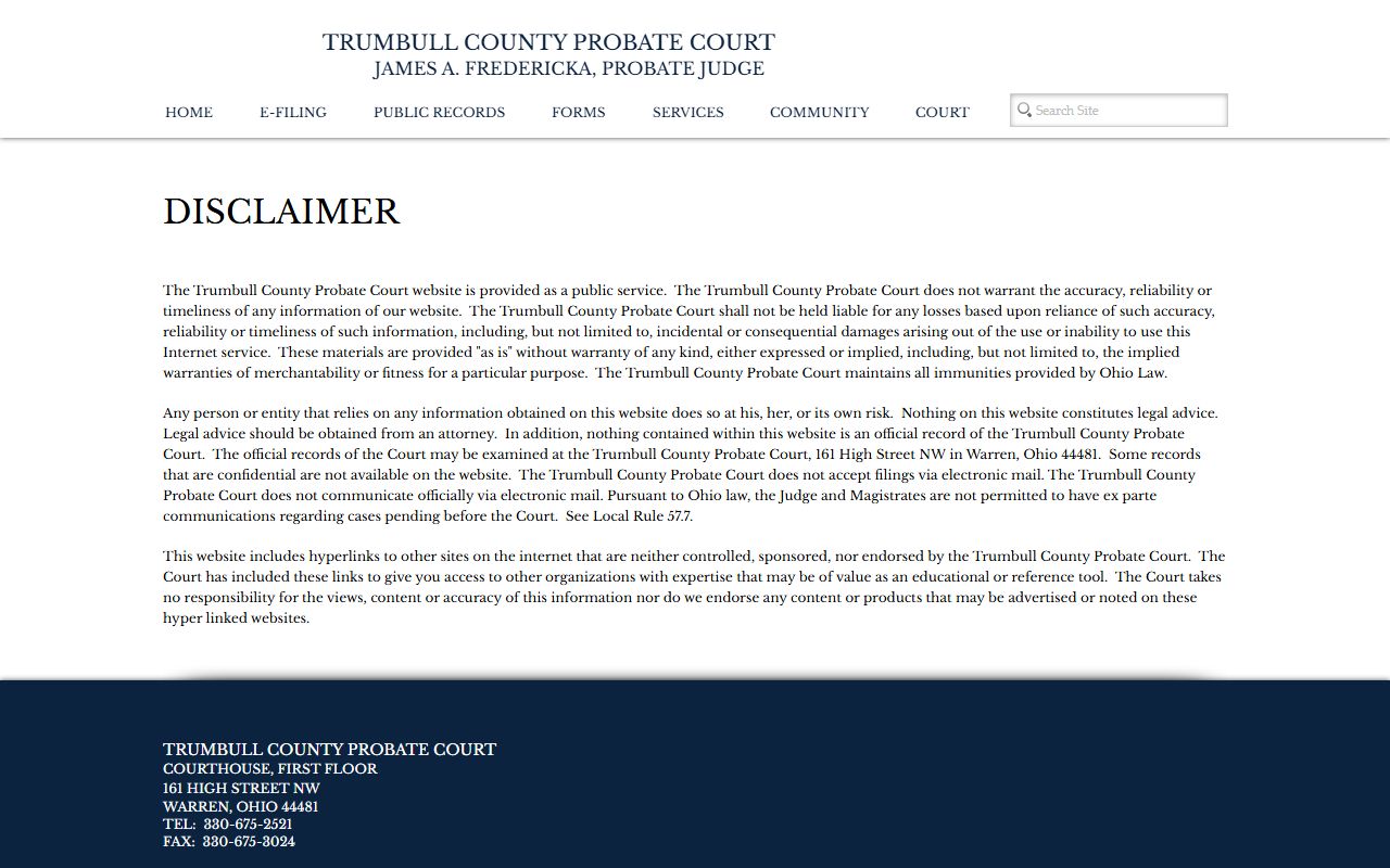 Trumbull County Probate Court disclaimer page for online records access