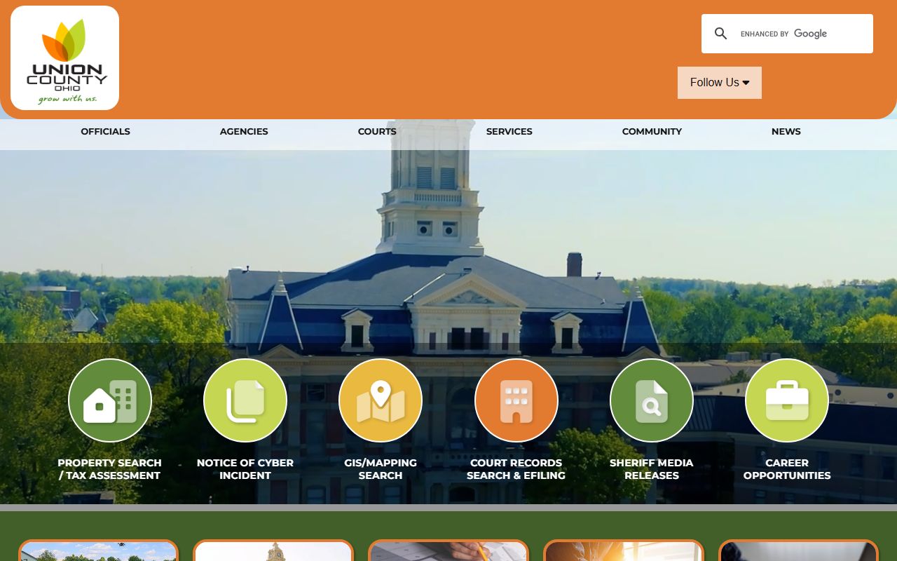 Union County government website with links to court services and departments