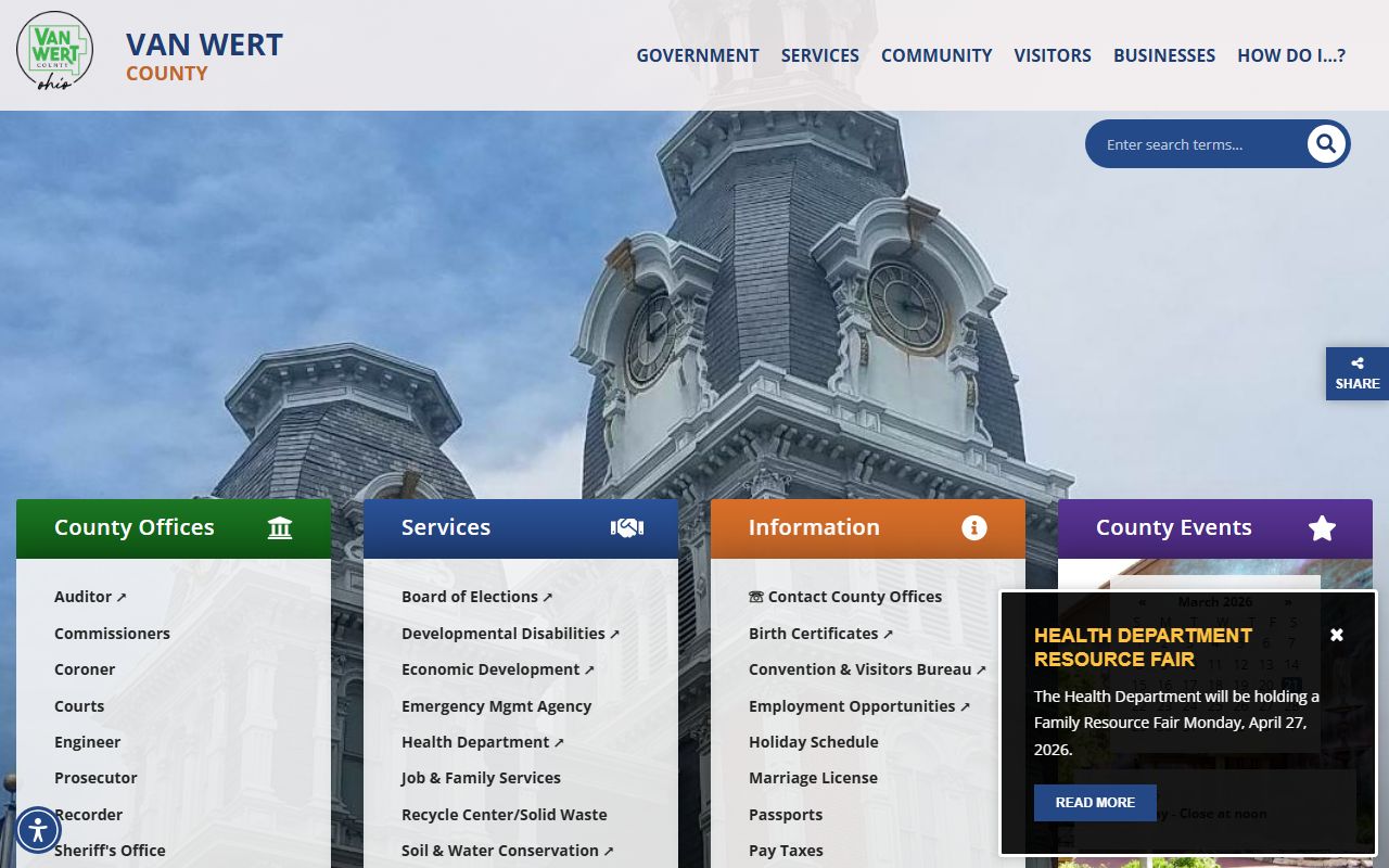 Van Wert County government website with court services and office information