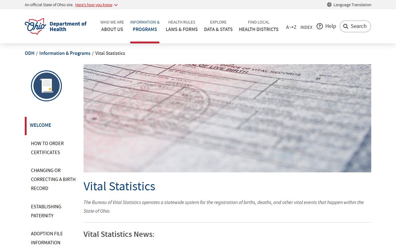 Ohio Department of Health vital statistics and probate court records