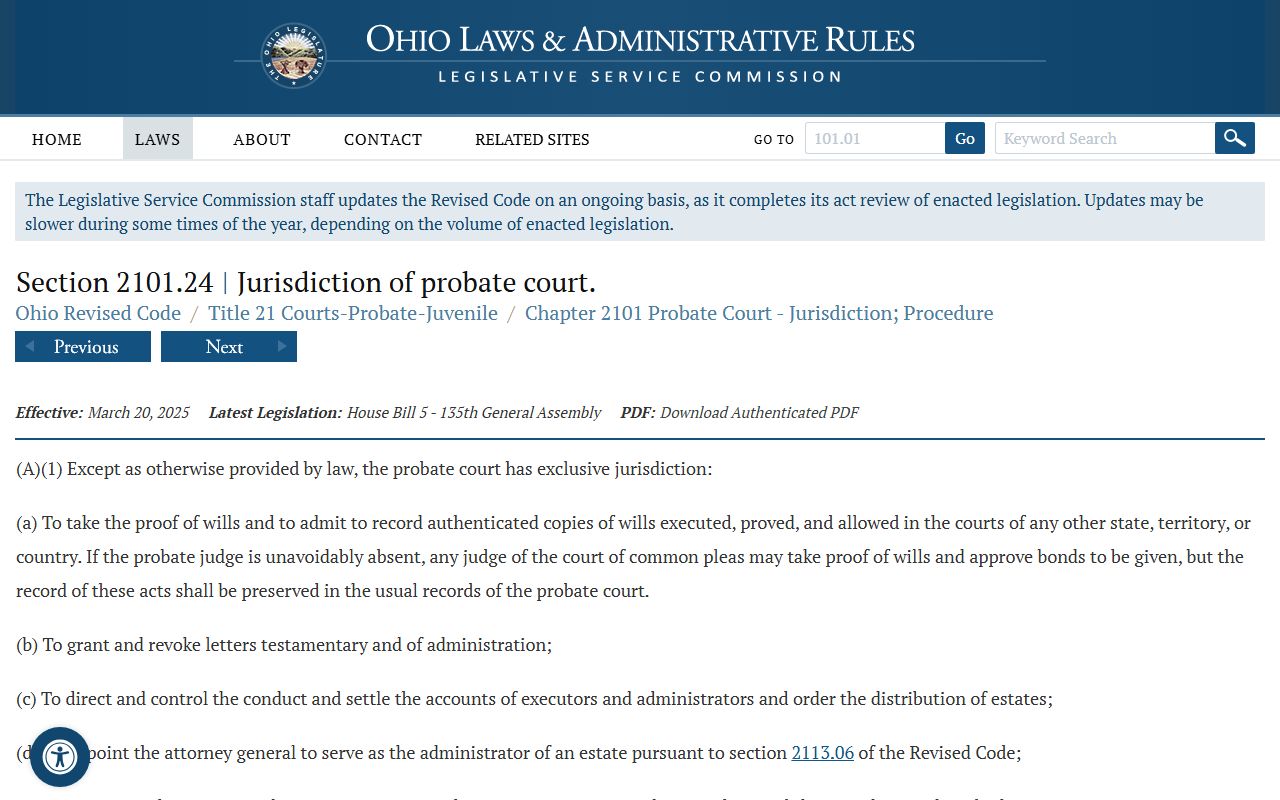 Ohio Revised Code probate court records jurisdiction